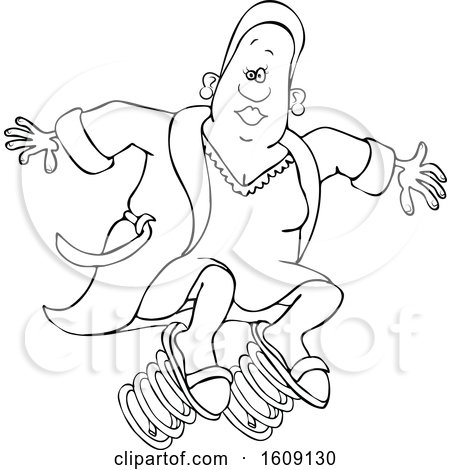 Clipart of a Cartoon Lineart Black Woman in a Robe, Springing Forward - Royalty Free Vector Illustration by djart