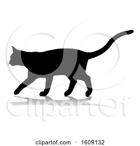 Clipart of a Silhouetted Cat, with a Shadow or Reflection, on a White Background - Royalty Free Vector Illustration by AtStockIllustration