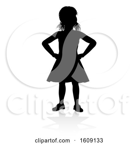 Clipart of a Silhouetted Girl with Hands on Her Hips, with a Reflection or Shadow, on a White Background - Royalty Free Vector Illustration by AtStockIllustration