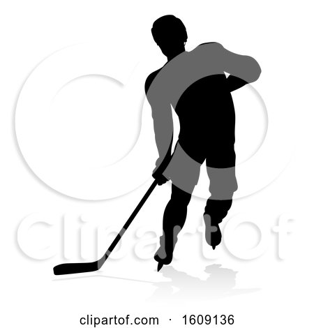 Clipart of a Silhouetted Hockey Player, with a Reflection or Shadow, on a White Background - Royalty Free Vector Illustration by AtStockIllustration