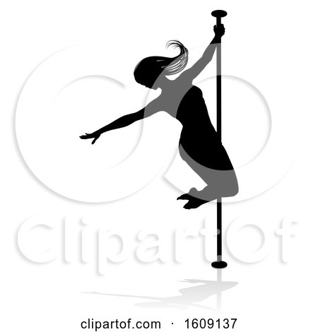 Clipart of a Silhouetted Sexy Pole Dancer Woman, with a Shadow, on a White Background - Royalty Free Vector Illustration by AtStockIllustration
