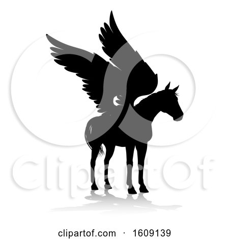Clipart of a Black Silhouetted Pegasus Horse, with a Reflection or Shadow, on a White Background - Royalty Free Vector Illustration by AtStockIllustration