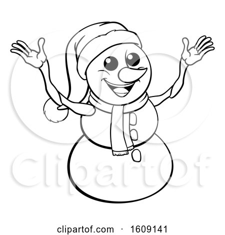 Clipart of a Lineart Welcoming Christmas Snowman Wearing a Scarf and a Santa Hat - Royalty Free Vector Illustration by AtStockIllustration
