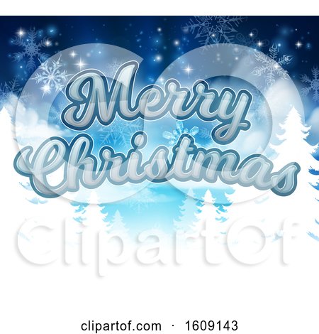 Clipart of a Merry Christmas Greeting with Silhouetted Evergreen Trees with Snowflakes - Royalty Free Vector Illustration by AtStockIllustration