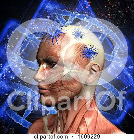 3D Medical Background with Male Head, Virus Cells and DNA Strands by KJ Pargeter