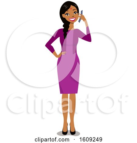 Clipart of a Happy Indian Business Woman with a Braid and Bindi, Talking on a Cell Phone - Royalty Free Vector Illustration by peachidesigns