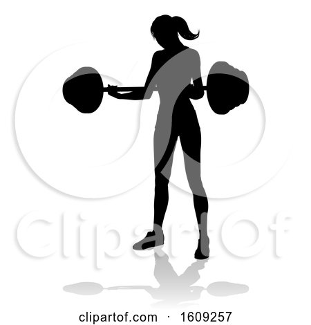 Clipart of a Silhouetted Woman Working out with a Barbell, with a Shadow, on a White Background - Royalty Free Vector Illustration by AtStockIllustration