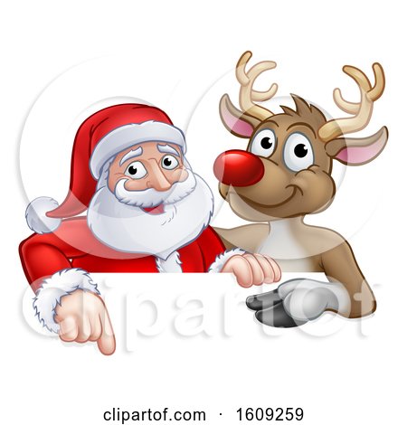 Clipart of a Red Nosed Christmas Reindeer and Santa Claus over a Sign - Royalty Free Vector Illustration by AtStockIllustration