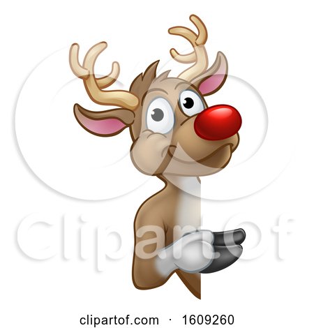 Clipart of a Red Nosed Christmas Reindeer Looking Around a Sign - Royalty Free Vector Illustration by AtStockIllustration