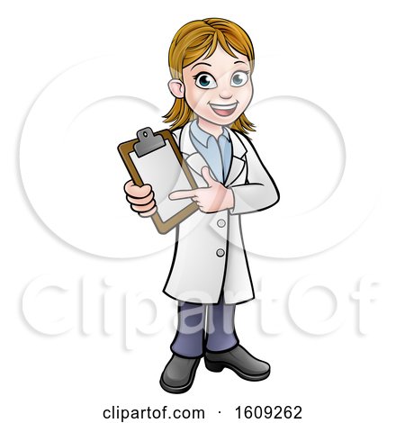 Clipart of a Cartoon Friendly White Female Doctor Holding and Pointing to a Clipboard - Royalty Free Vector Illustration by AtStockIllustration