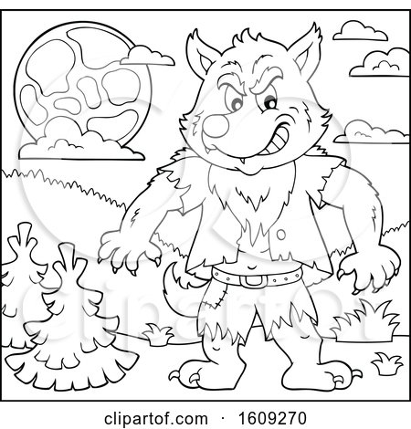 Clipart of a Lineart Tough Halloween Werewolf Under a Full Moon - Royalty Free Vector Illustration by visekart