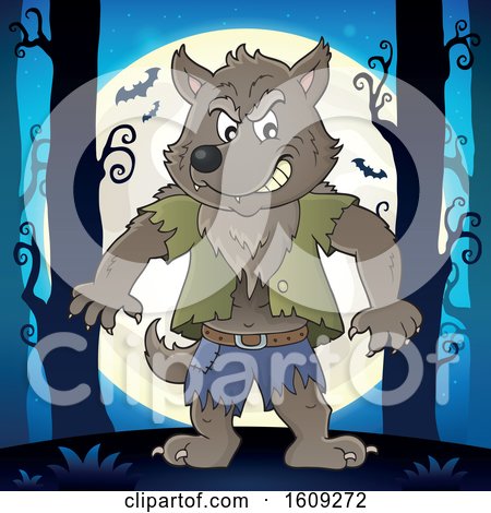 Clipart of a Tough Halloween Werewolf Against a Full Moon - Royalty Free Vector Illustration by visekart