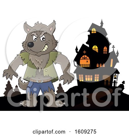 Clipart of a Tough Halloween Werewolf and Haunted House - Royalty Free Vector Illustration by visekart