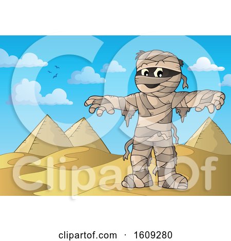 Clipart of a Mummy and Egyptian Pyramids - Royalty Free Vector Illustration by visekart