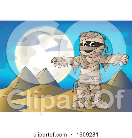 Clipart of a Mummy and Pyramids at Night - Royalty Free Vector Illustration by visekart