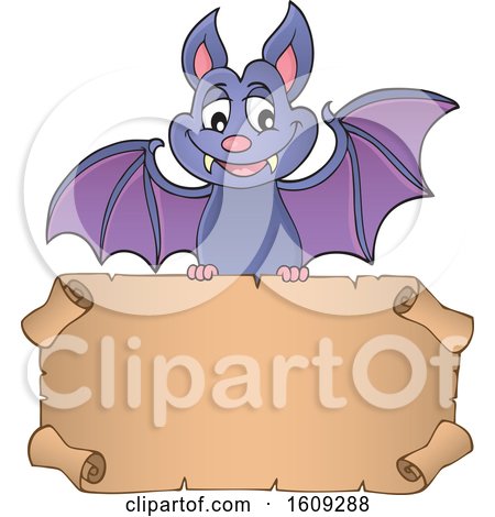 Clipart of a Flying Vampire Bat with a Blank Scroll - Royalty Free Vector Illustration by visekart