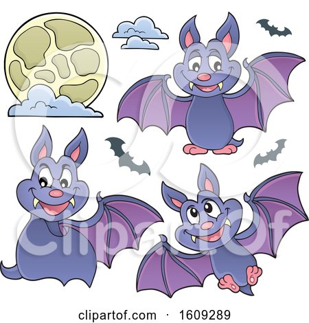 Clipart of Flying Vampire Bats and a Full Moon - Royalty Free Vector Illustration by visekart