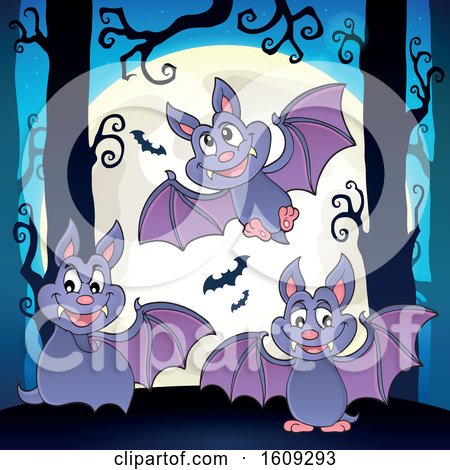Clipart of Flying Vampire Bats in the Woods and a Full Moon - Royalty Free Vector Illustration by visekart