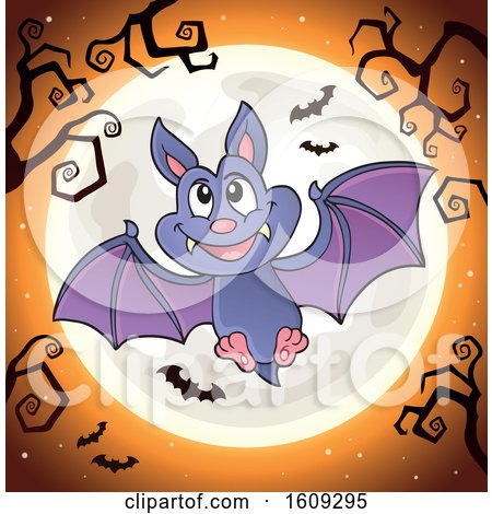 Clipart of a Flying Vampire Bat Against a Full Moon - Royalty Free Vector Illustration by visekart