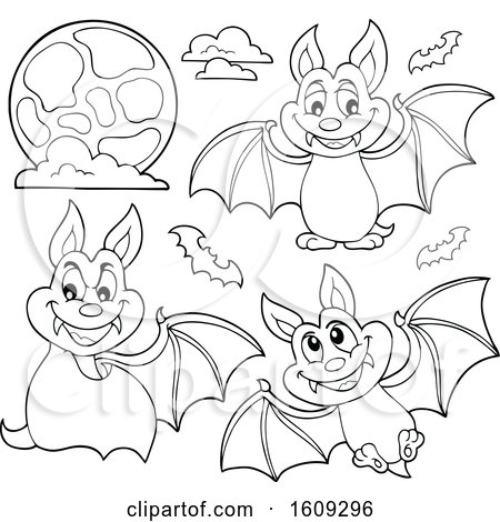 Clipart of Flying Vampire Bats and a Full Moon in Black and White - Royalty Free Vector Illustration by visekart