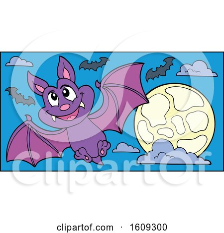 Clipart of a Flying Vampire Bat and Full Moon - Royalty Free Vector Illustration by visekart