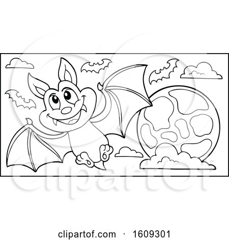Clipart of a Lineart Flying Vampire Bat and Full Moon - Royalty Free Vector Illustration by visekart