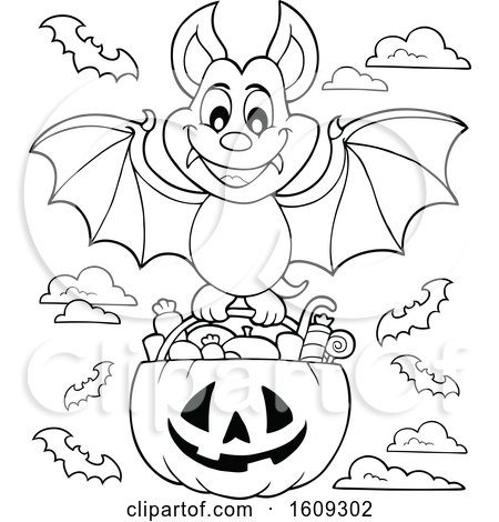Clipart of a Lineart Vampire Bat Flying with a Pumpkin Basket of Halloween Candy - Royalty Free Vector Illustration by visekart