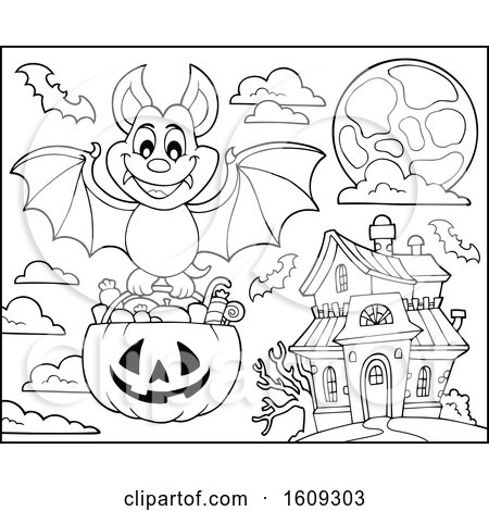 Clipart of a Lineart Vampire Bat Flying with a Pumpkin Basket of Halloween Candy near a Haunted House - Royalty Free Vector Illustration by visekart