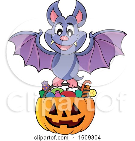 Clipart of a Vampire Bat Flying with a Pumpkin Basket of Halloween Candy - Royalty Free Vector Illustration by visekart