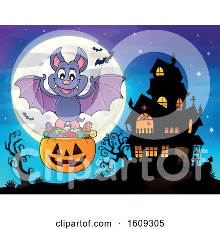 Clipart of a Vampire Bat Flying with a Pumpkin Basket of Halloween Candy near a Haunted House - Royalty Free Vector Illustration by visekart