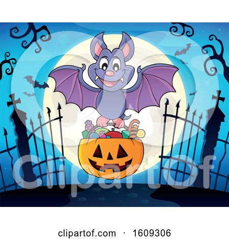 Clipart of a Vampire Bat with a Pumpkin Basket of Halloween Candy over a Full Moon and Cemetery Gates - Royalty Free Vector Illustration by visekart