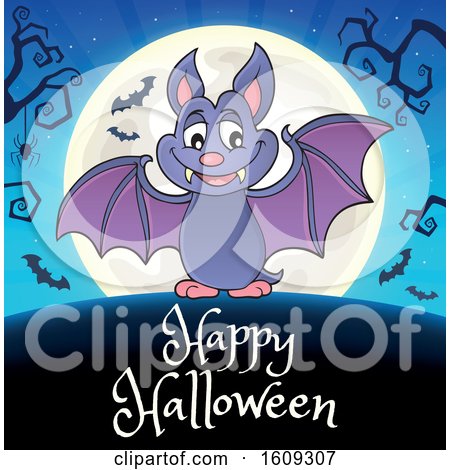 Clipart of a Flying Vampire Bat and Full Moon over Happy Halloween Text - Royalty Free Vector Illustration by visekart