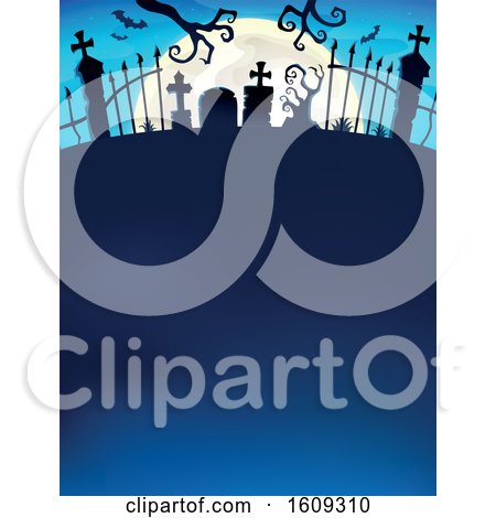 Clipart of a Full Moon with Silhouetted Cemetery Tombstones and Gates - Royalty Free Vector Illustration by visekart