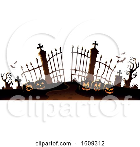 Clipart of a Cemetery Entrance with Gates and Halloween Jackolantern Pumpkins - Royalty Free Vector Illustration by visekart