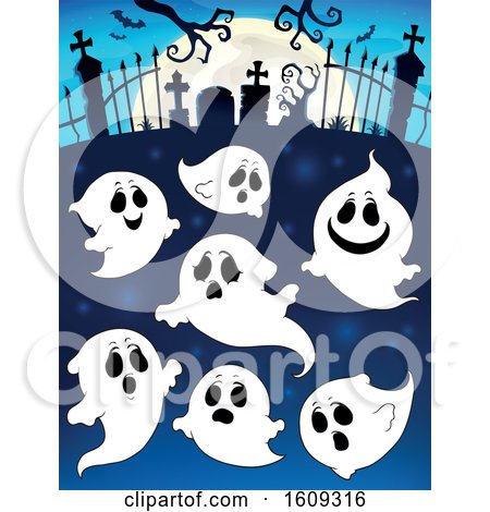 Clipart of a Group of Ghosts in a Cemetery - Royalty Free Vector Illustration by visekart