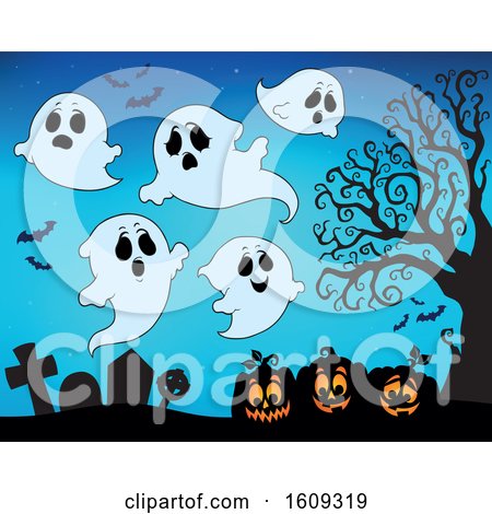 Clipart of a Group of Ghosts over Halloween Jackolantern Pumpkins in a Cemetery - Royalty Free Vector Illustration by visekart