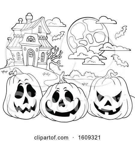 Clipart of a Black and White Haunted House and Halloween Pumpkins - Royalty Free Vector Illustration by visekart