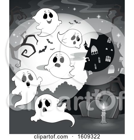 Clipart of a Grayscale Group of Ghosts in a Cemetery near a Haunted House - Royalty Free Vector Illustration by visekart