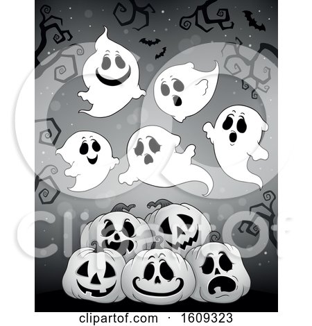 Clipart of a Grayscale Group of Ghosts over Halloween Pumpkins - Royalty Free Vector Illustration by visekart