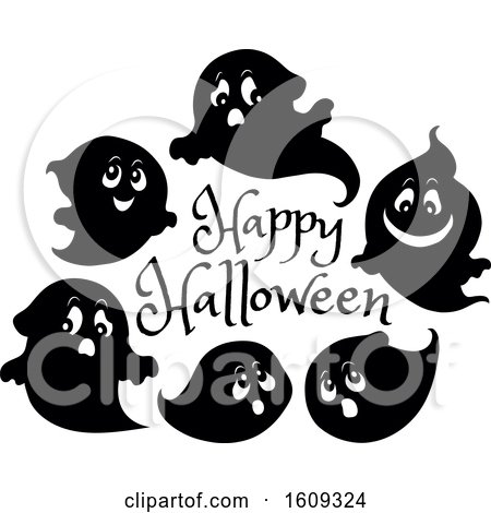 Clipart of a Group of Ghosts Around a Happy Halloween Greeting - Royalty Free Vector Illustration by visekart