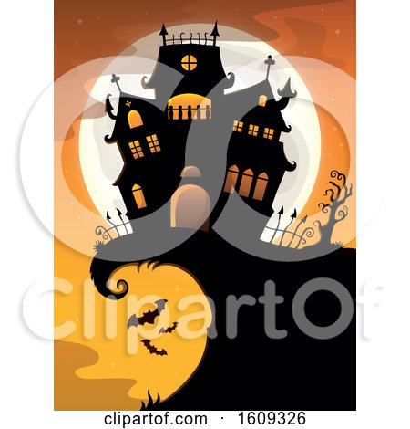 Clipart of a Haunted House on a Cliff with a Full Moon - Royalty Free Vector Illustration by visekart