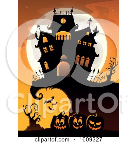 Clipart of a Full Moon Behind a Haunted House and Row of Halloween Jackolantern Pumpkins - Royalty Free Vector Illustration by visekart