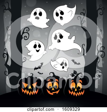 Clipart of a Group of Ghosts over Halloween Jackolantern Pumpkins - Royalty Free Vector Illustration by visekart