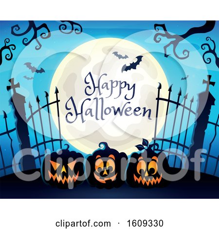 Clipart of a Happy Halloween Greeting on a Full Moon over Cemetery Entrance with Gates and Jackolantern Pumpkins - Royalty Free Vector Illustration by visekart