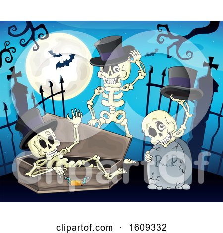 Clipart of a Group of Skeletons in a Cemetery - Royalty Free Vector Illustration by visekart
