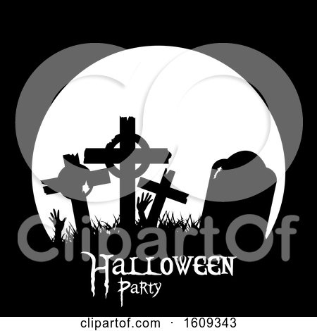 Clipart of a Full Moon and Silhouetted Graveyard Tombstones with Halloween Party Text - Royalty Free Vector Illustration by elaineitalia