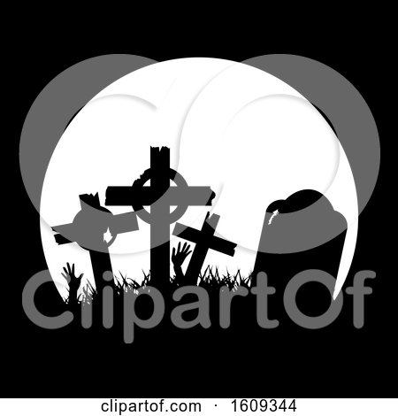 Clipart of a Full Moon and Silhouetted Graveyard Tombstones - Royalty Free Vector Illustration by elaineitalia