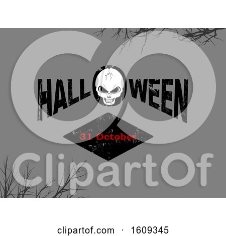 Clipart of a Skull in the Word Halloween over the Date on Gray - Royalty Free Vector Illustration by elaineitalia