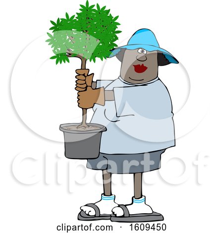 Clipart of a Cartoon Black Woman Carrying a Small Potted Tree - Royalty Free Vector Illustration by djart