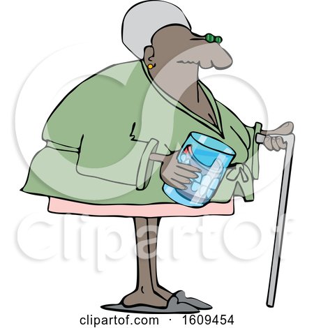 Clipart of a Cartoon Black Senior Woman with a Cane and Her Teeth in a Glass - Royalty Free Vector Illustration by djart